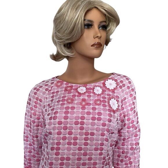 Vtg Thick Poly Mod Floral Pink Shift Dress Poka Dot Pockets Lined Boat Collar 3D - Picture 2 of 16